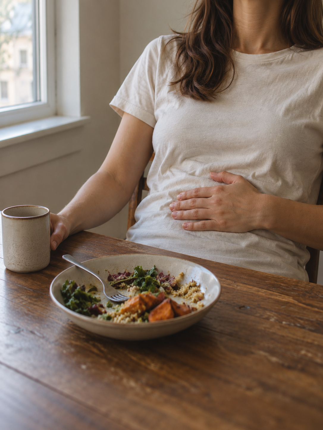 A woman at a kitchen table with a hand on her stomach, a half-eaten bowl pushed away