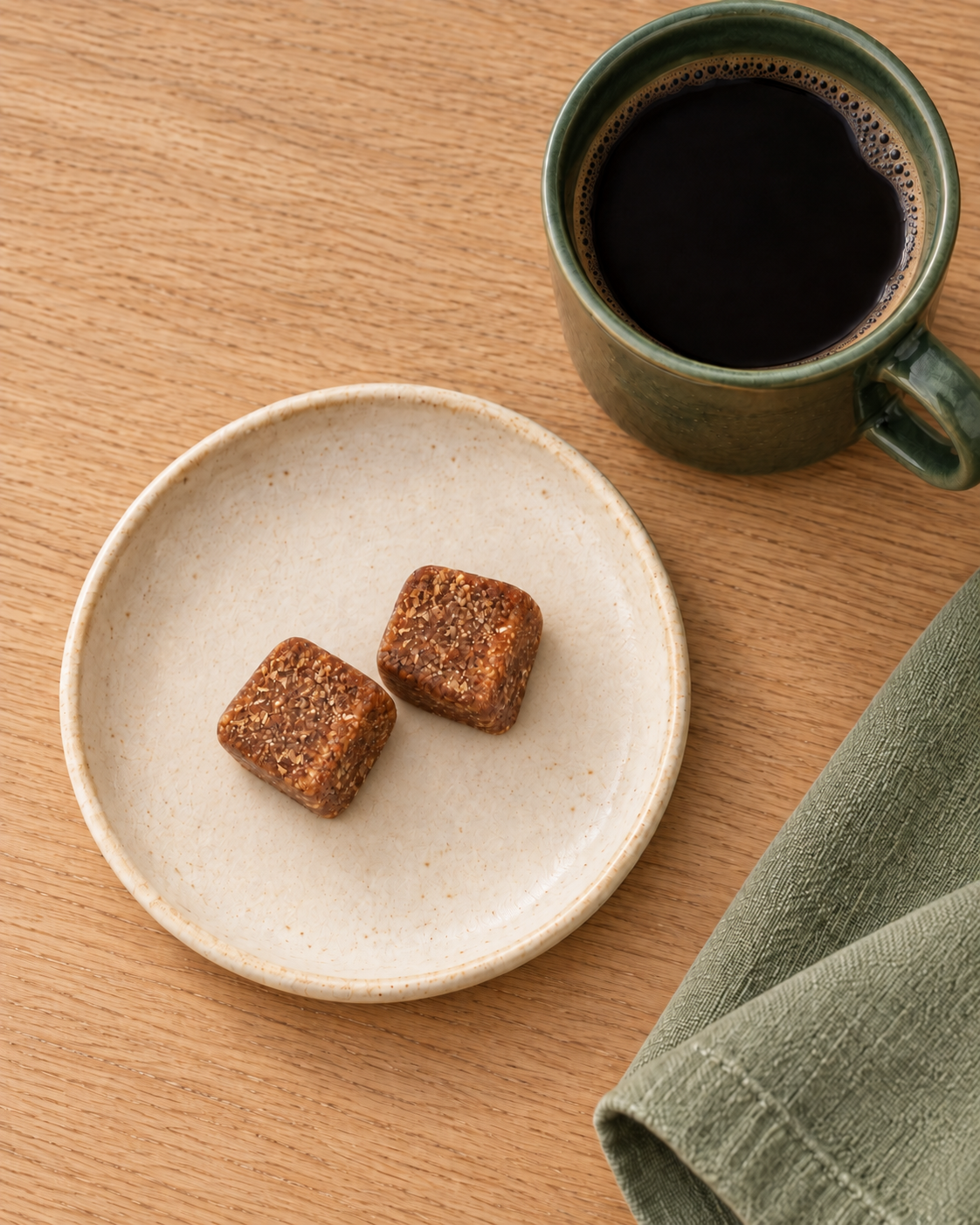 Two Fiome bites on a small plate beside a mug of black coffee