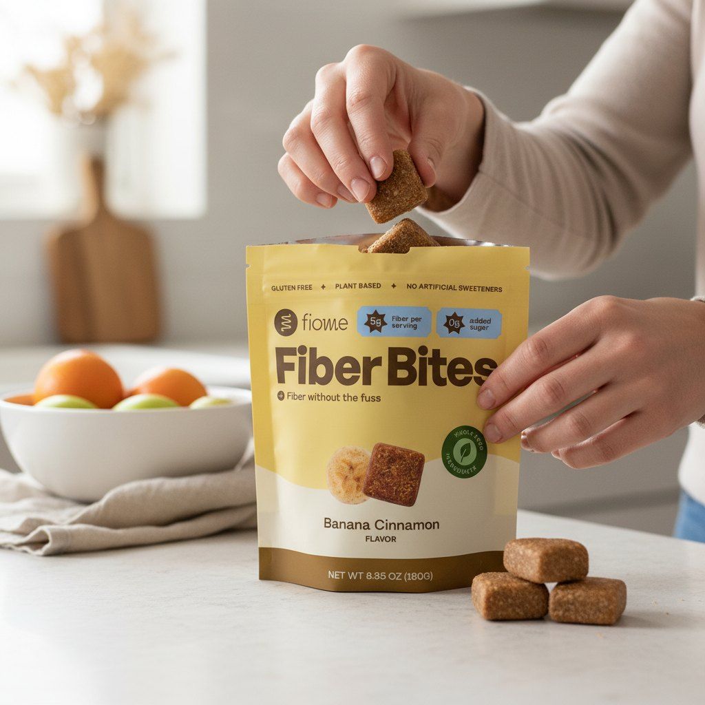 Fiome Fiber Bites on the kitchen counter